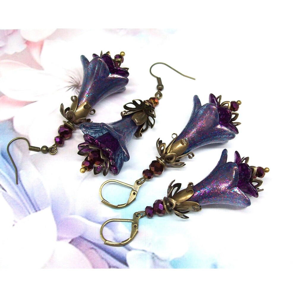Purple Floral Dangle Earrings, Flower Gifts for Her, Vintage Style, Bronze, Hand